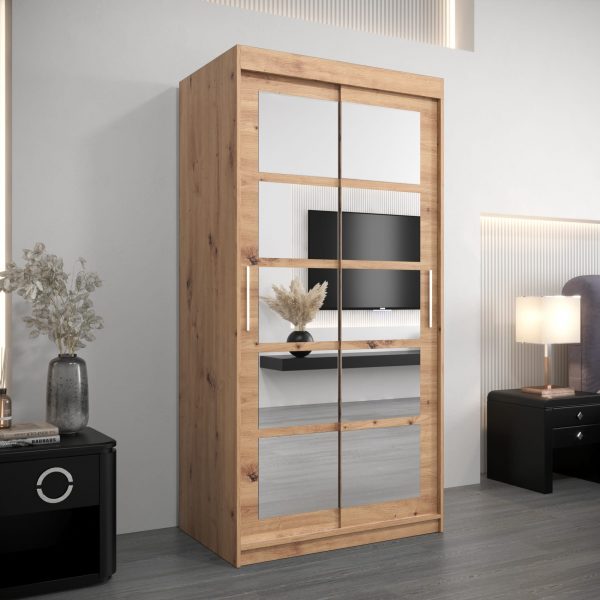 Szafa RENO 2 100, korpus w kolorze dąb artisan, fronty dąb artisan z lustrem