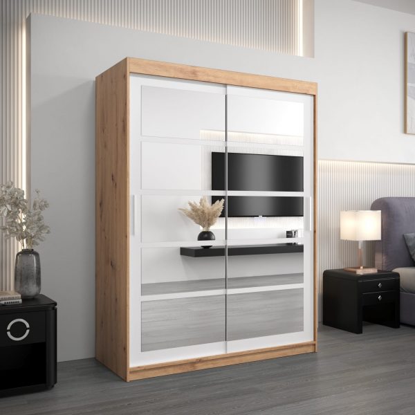 Szafa RENO 2 150, korpus w kolorze dąb artisan, fronty białe z lustrem
