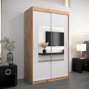 Szafa ATLANTA 120, korpus w kolorze dąb artisan, fronty białe z lustrem