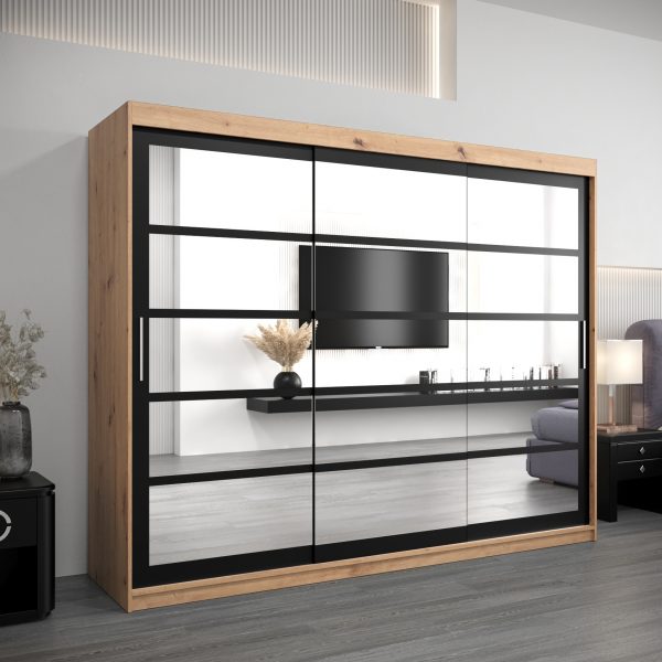 Szafa RENO 2 250. Korpus w kolorze dąb artisan, fronty czarne z lustrem