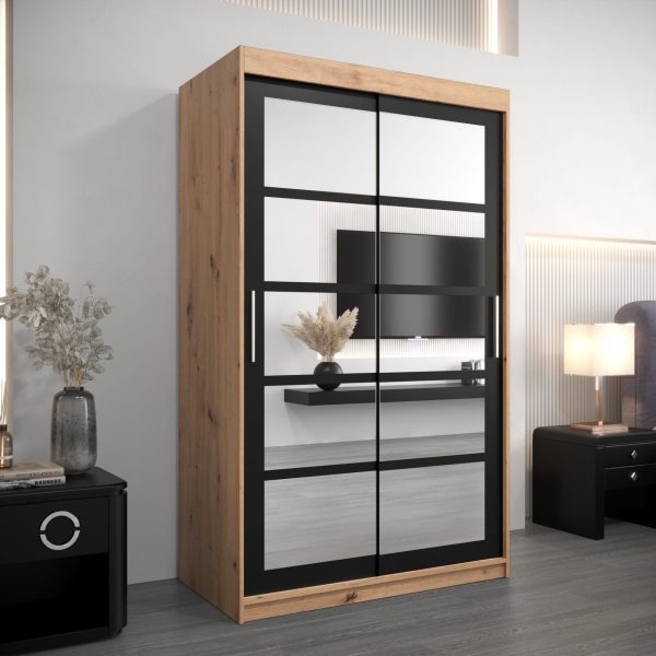 Szafa RENO 2 120, korpus w kolorze dąb artisan, fronty czarne z lustrem