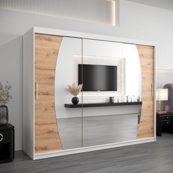 Szafa ELIPSO 250 cm korpus w kolorze białym fronty dąb artisan z lustrem