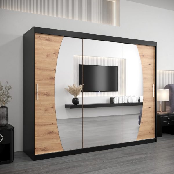 Szafa ELIPSO 250 cm korpus w kolorze czarnym fronty dąb artisan z lustrem