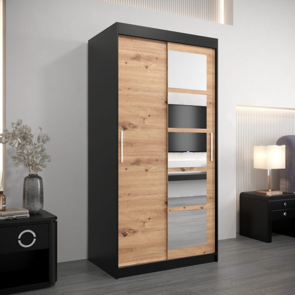 Szafa RENO 1 100. Korpus w kolorze czarnym, fronty dąb artisan z lustrem