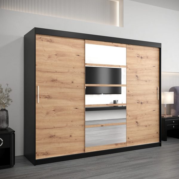 Szafa RENO 1 250, korpus w kolorze czarnym, fronty dąb artisan z lustrem