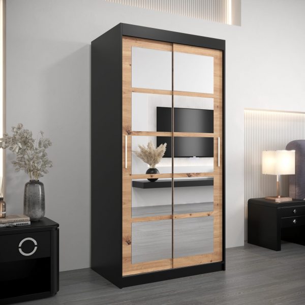 Kledingkast RENO 2 100 cm, romp in de kleur zwart, fronten in eiken artisan met spiegel.