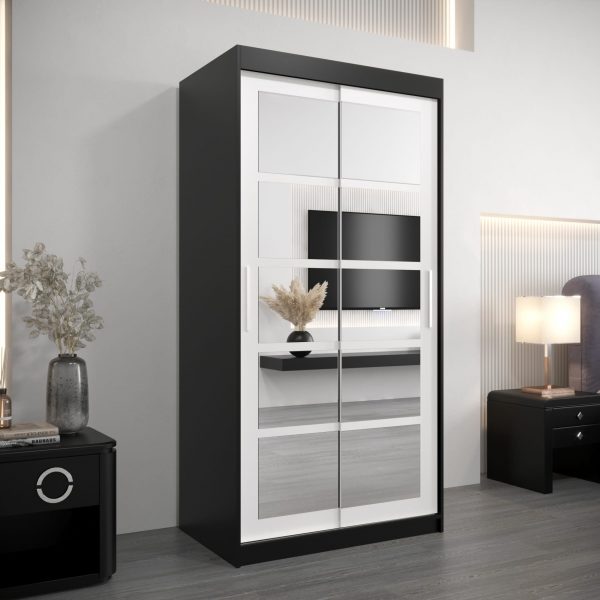 Kledingkast RENO 2 100 cm, romp in de kleur zwart, fronten in wit met spiegel.