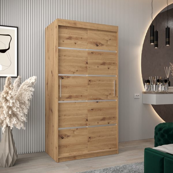 Szafa VITTORIA 1 100, korpus w kolorze dąb artisan, fronty dąb artisan ze srebną listwą
