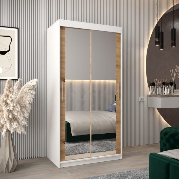 Szafa TOKIO 3 100, korpus w kolorze białym, fronty dąb artisan z lustrem