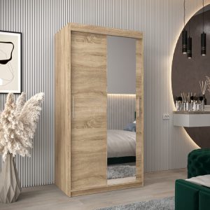Szafa TOKIO 2 100, korpus w kolorze dąb sonoma, fronty dab sonoma z lustrem