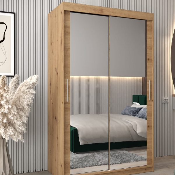Szafa TOKIO 3 120, korpus w kolorze dąb artisan, fronty dąb artisan z lustrem
