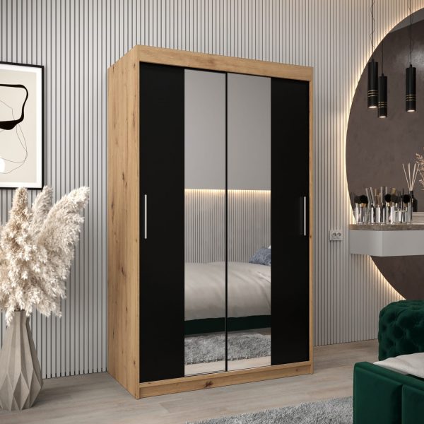 Szafa TOKIO 1 120 , korpus w kolorze dąb artisan, fronty czarne z lustrem