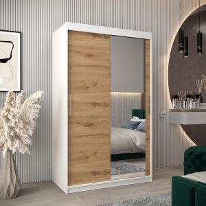 Szafa TOKIO 2 120, korpus w kolorze białym, fronty dąb artisan z lustrem