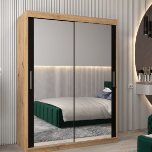 Szafa TOKIO 3 150 , korpus w kolorze dąb artisan, fronty czarne z lustrem