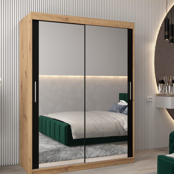 Szafa TOKIO 3 150 , korpus w kolorze dąb artisan, fronty czarne z lustrem