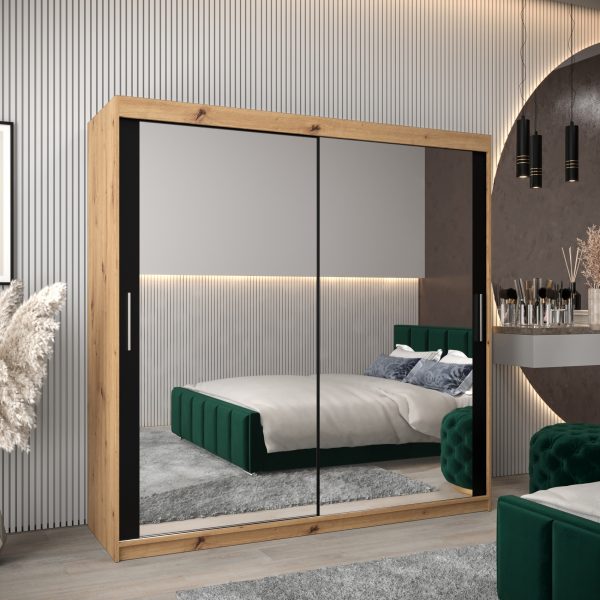 Szafa TOKIO 3 200 , korpus w kolorze dąb artisan, fronty czarne z lustrem