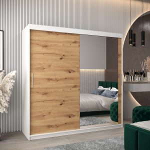 Szafa TOKIO 2 200, korpus w kolorze białym, fronty dąb artisan z lustrem