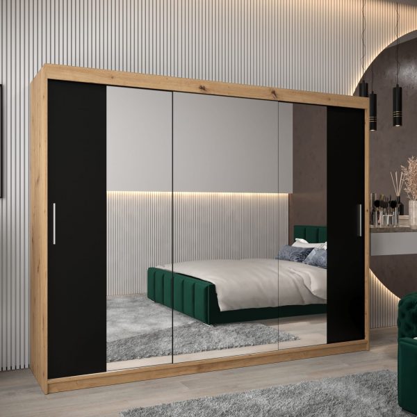 Szafa TOKIO 2 250 , korpus w kolorze dąb artisan, fronty czarne z lustrem