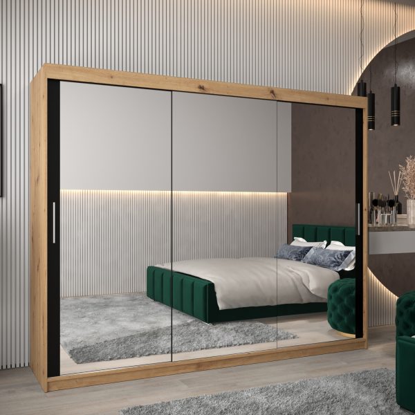 Szafa TOKIO 3 250 , korpus w kolorze dąb artisan, fronty czarne z lustrem