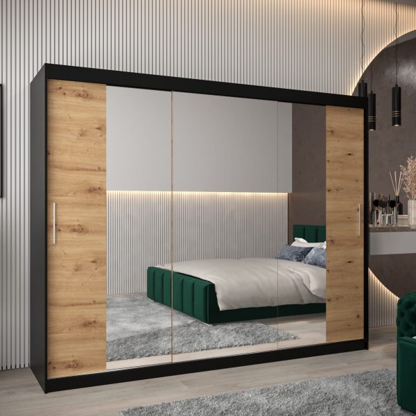 Szafa TOKIO 2 250, korpus w kolorze czarnym, fronty dąb artisan z lustrem