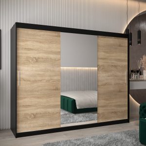 Szafa TOKIO 1 250, korpus w kolorze czarnym, fronty dąb sonoma z lustrem