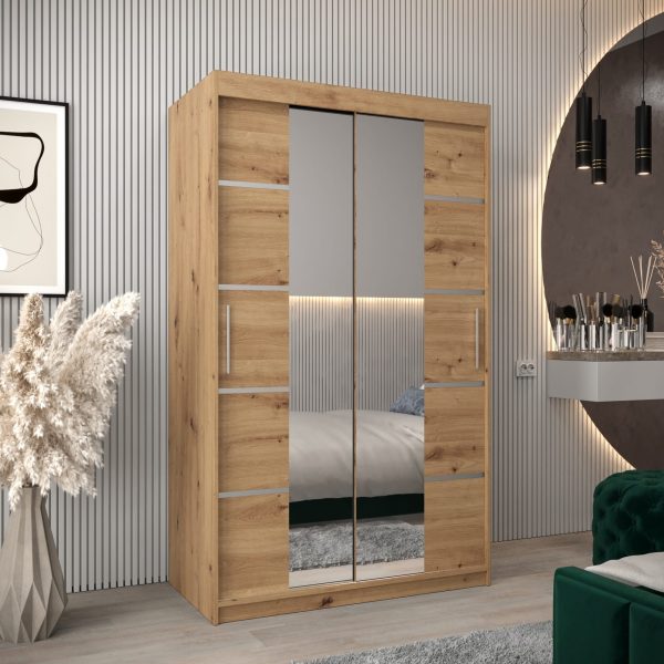 Szafa VITTORIA 4 120, korpus w kolorze dąb artisan, fronty dąb artisan ze srebną listwą i lustrem