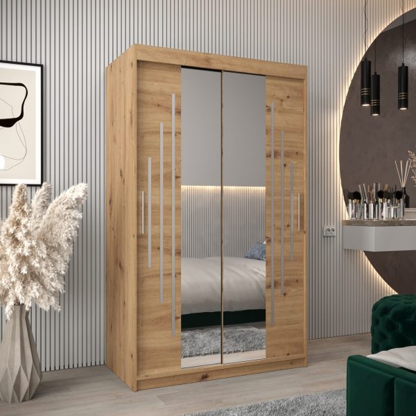 Szafa PURMER 1 120, korpus w kolorze dąb artisan, fronty dąb artisan ze srebną listwą i lustrem