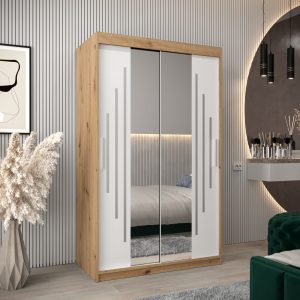 Szafa PURMER 1 120, korpus w kolorze dąb artisan, fronty białe ze srebną listwą i lustrem