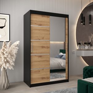 Szafa VITTORIA 2 120, korpus w kolorze czarnym, fronty dąb artisan ze srebną listwą i lustrem