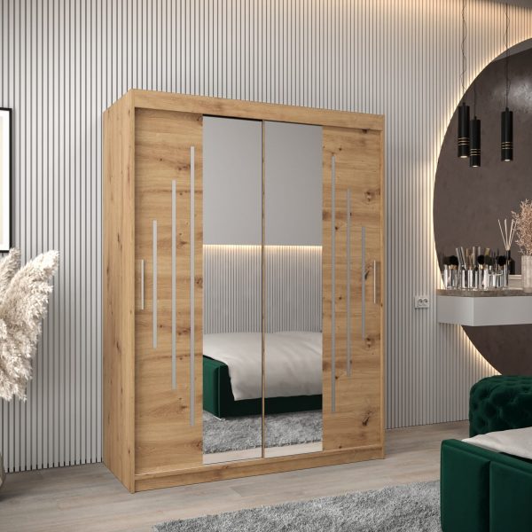 Szafa PURMER 1 150, korpus w kolorze dąb artisan, fronty dąb artisan ze srebną listwą i lustrem