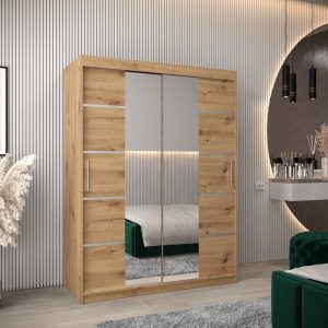 Szafa VITTORIA 4 150, korpus w kolorze dąb artisan, fronty dąb artisan ze srebną listwą i lustrem