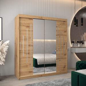 Szafa PURMER 1 180, korpus w kolorze dąb artisan, fronty dąb artisan ze srebną listwą i lustrem
