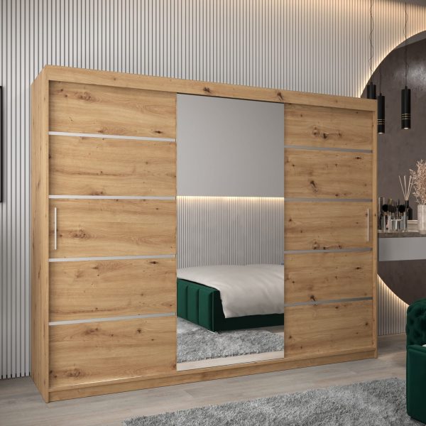 Szafa VITTORIA 2 250, korpus w kolorze dąb artisan, fronty dąb artisan ze srebną listwą i lustrem