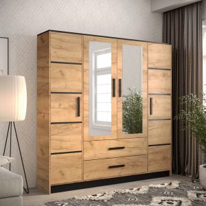 Szafa Malibu 201, w kolorze dąb craft złoty z czarną listwą , lustrem i dwiema szufladami.