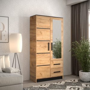 Szafa Malibu 103, w kolorze dąb craft złoty z czarną listwą , lustrem i dwiema szufladami.
