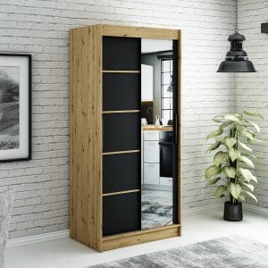 Szafa LIAM V2 100 z korpusem w kolorze dąb artisan ,fronty czarny mat listwa dąb artisan i lustro