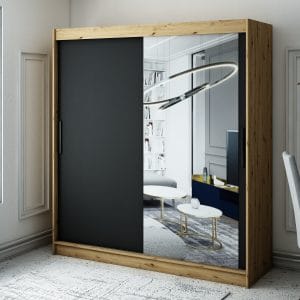 Szafa LIAM T2 200 z korpusem w kolorze dąb artisan ,front czarny mat z lustrem
