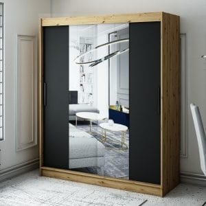 Szafa LIAM T1 180 z korpusem w kolorze dąb artisan ,front czarny mat z lustrem