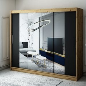 Szafa LIAM T2 250 z korpusem w kolorze dąb artisan ,front czarny mat z lustrem