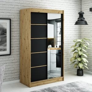 Szafa LIAM V2 120 z korpusem w kolorze dąb artisan ,fronty czarny mat listwa dąb artisan i lustro