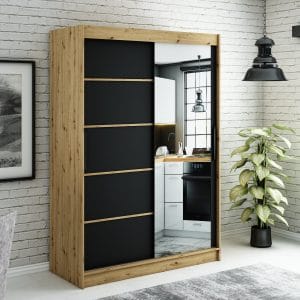 Szafa LIAM V2 150 z korpusem w kolorze dąb artisan ,fronty czarny mat listwa dąb artisan i lustro