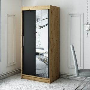 Szafa LIAM T2 100 z korpusem w kolorze dąb artisan ,front czarny mat z lustrem