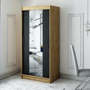 Szafa LIAM T1 100 z korpusem w kolorze dąb artisan ,front czarny mat z lustrem