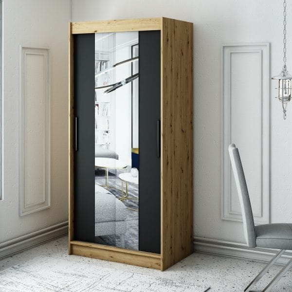 Szafa LIAM T1 100 z korpusem w kolorze dąb artisan ,front czarny mat z lustrem