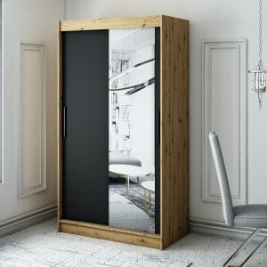 Szafa LIAM T2 120 z korpusem w kolorze dąb artisan ,front czarny mat z lustrem
