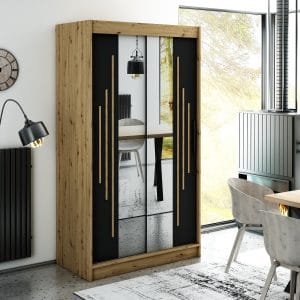 Szafa LIAM Y1 120 z korpusem w kolorze dąb artisan ,fronty czarny mat listwa dąb artisan i lustro