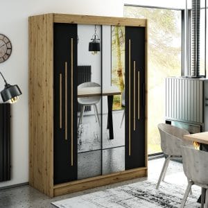 Szafa LIAM Y1 150 z korpusem w kolorze dąb artisan ,fronty czarny mat listwa dąb artisan i lustro