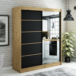 Szafa LIAM V2 180 z korpusem w kolorze dąb artisan ,fronty czarny mat listwa dąb artisan i lustro