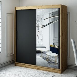 Szafa LIAM T2 180 z korpusem w kolorze dąb artisan ,front czarny mat z lustrem