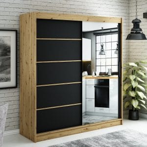 Szafa LIAM V2 200 z korpusem w kolorze dąb artisan ,fronty czarny mat listwa dąb artisan i lustro